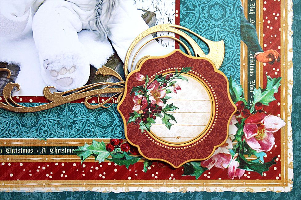 From the chipboard journaling sheet, select the shape shown in the photo to the bottom right corner of the photo onto the chipboard flourish.