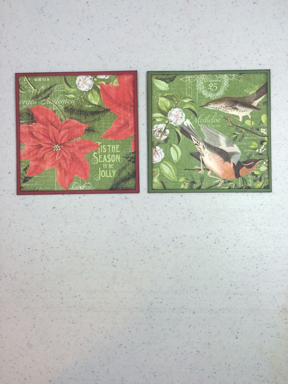 From the December Flourish page, cut two squares at 4 1/4" x 4 1/4", ink edges, and adhere to card bases. My cards open at the bottom, but change this if you prefer they open sideways.