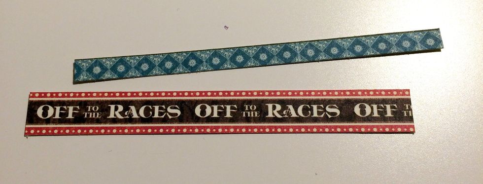 From the Equestrian Style paper, cut the blue diamond border out. Cut the border to 4 1/8". From the same piece of paper, cut the Off to the Races border out. Cut the border to 4 1/8".