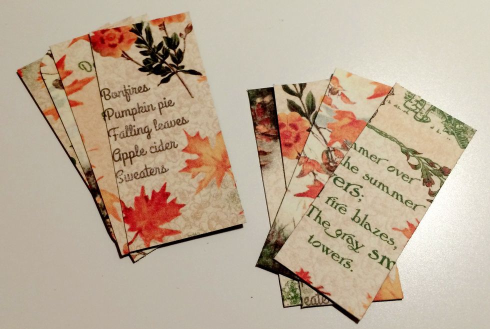 From the fall side of the November Montage paper, cut 4 pieces that measure 1 1/4" x 2 3/4", set aside. From the same side of paper, cut 4 pieces that measure 7/8" x 2 1/2", set aside.