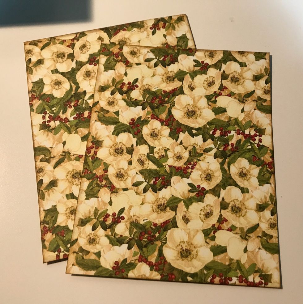 From the flower paper, cut the following pieces: 3 - 4 1/4" x 5 1/2" & 3 7/8" x 5 1/8". Ink edges of papers using Gathered Twigs Distress Ink.