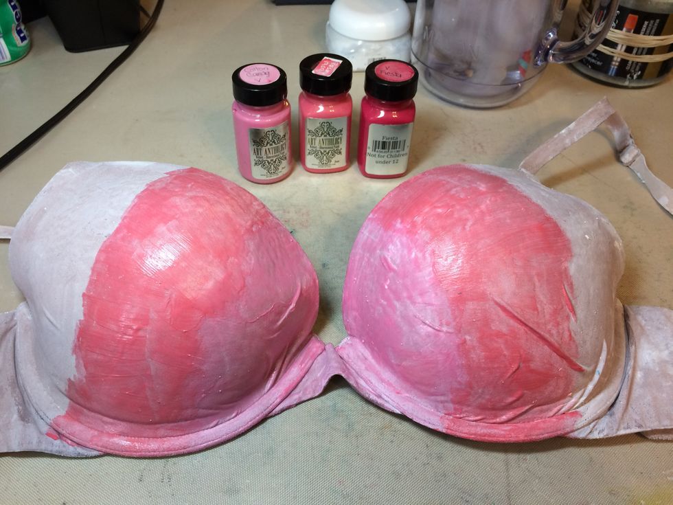 From the inside going out, I painted the bra with Cotton Candy Velvet, Persimmon and Fiesta, going light to dark.