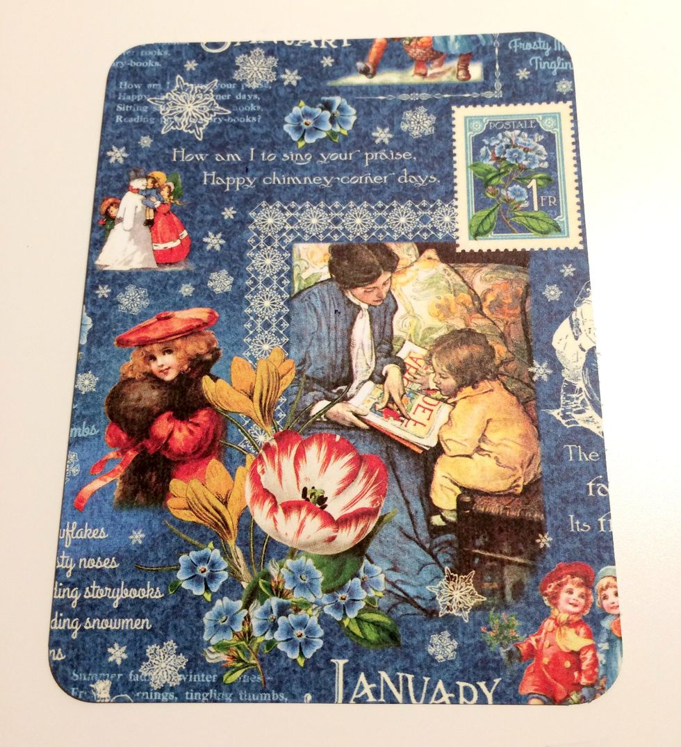 From the January Montage paper, cut out a piece that measures 3 3/8" x 4 1/2". Round all four corners of the paper.