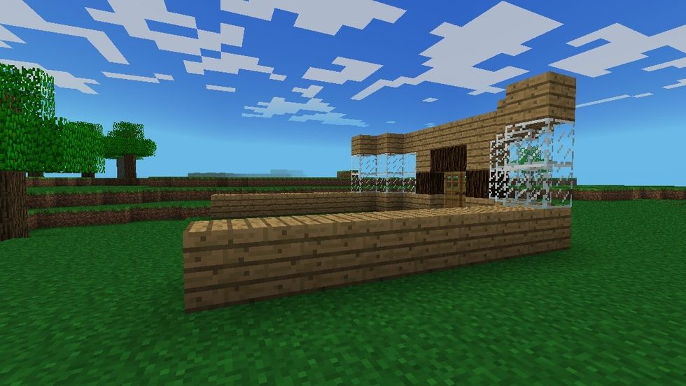 From the last tower, make a line of wood 8 blocks long.