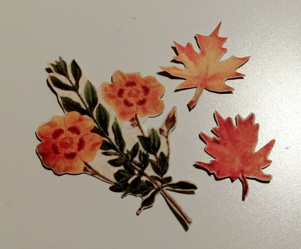 From the leftover November montage paper, fussy cut 2 leaves and one floral bunch from the fall side.