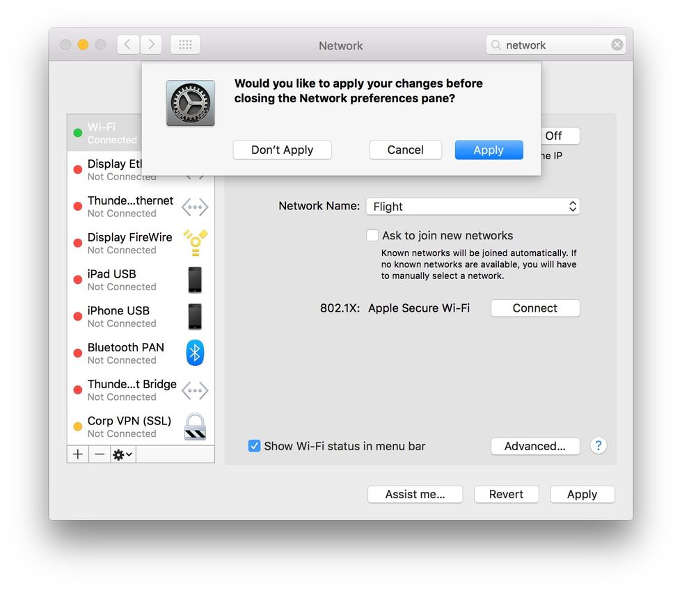 From the main Network pane click Apply to save settings.