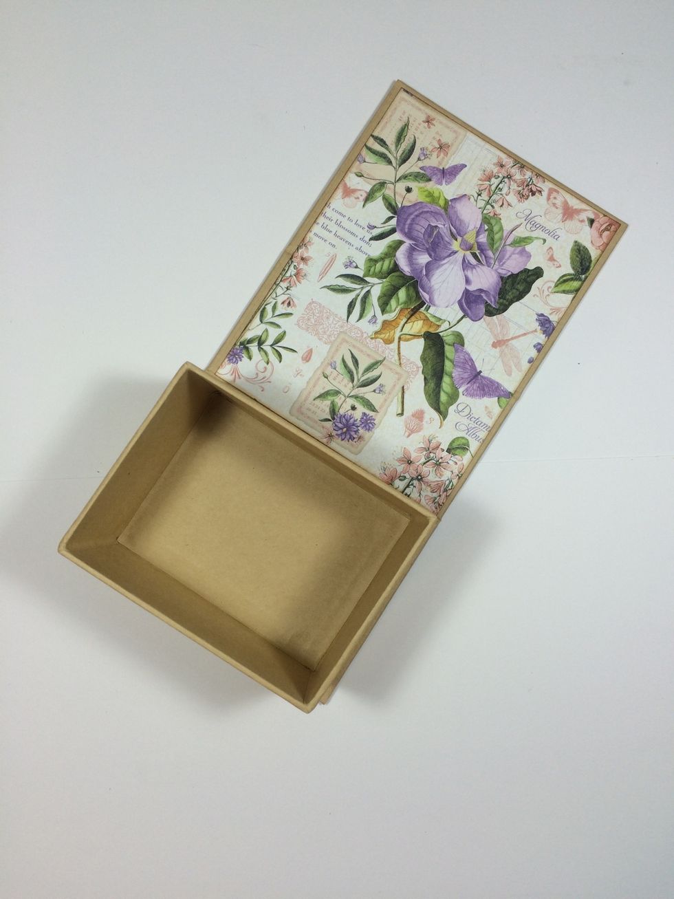 From the May Flourish page, cut a 4 1/2" x 6" piece and adhere to the back wall of the opened box like this.