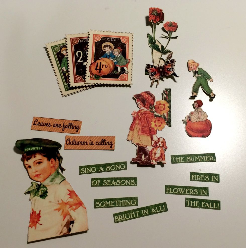 From the November Collective paper, fussy cut: 3 stamps, 2 fall sayings, little boy, little girl & dog, little boy & girl with pumpkin, floral element with butterfly & cut apart the sentiment border.