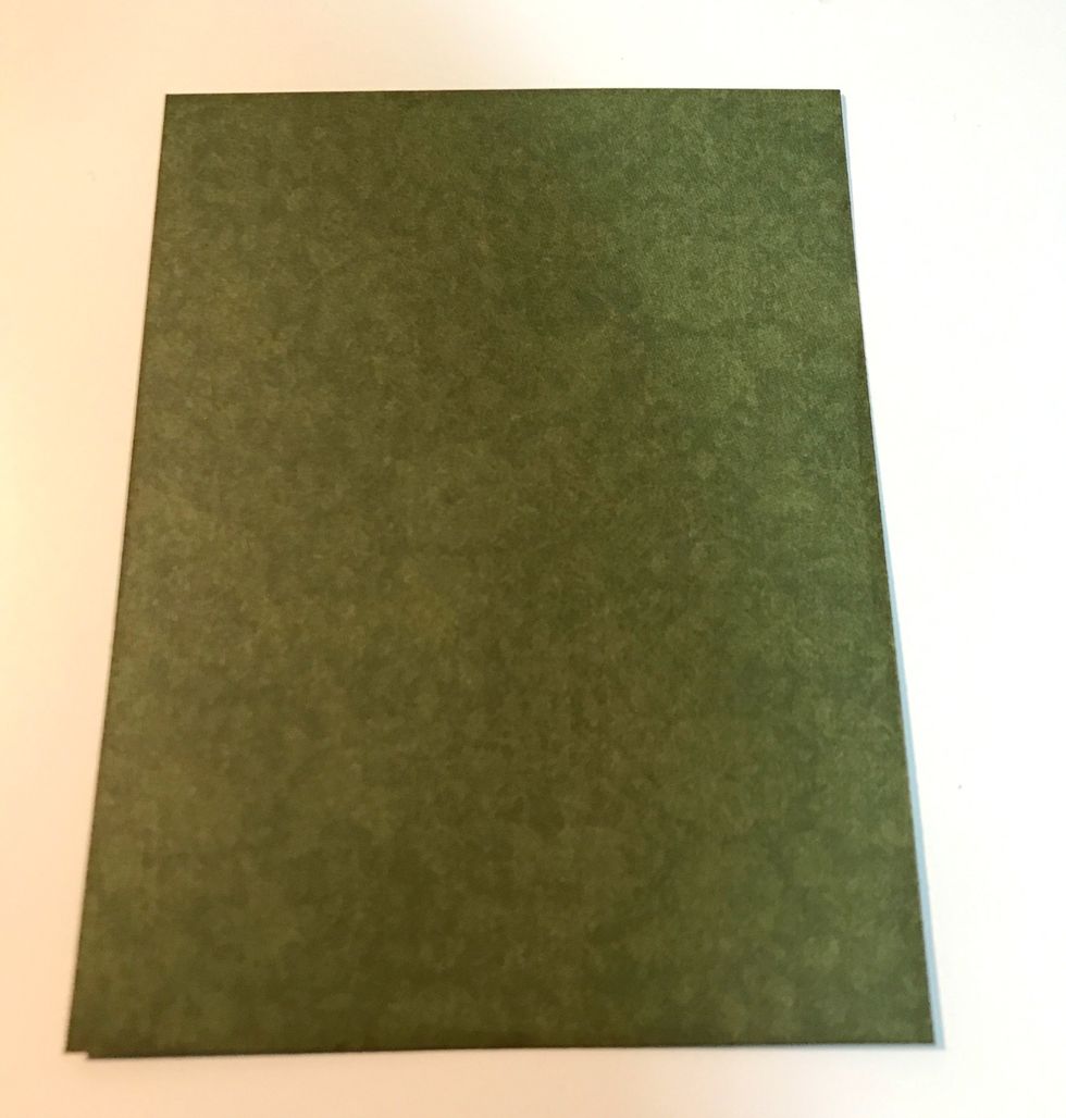 From the Patterns & Solids, cut the following pieces from the green paper: 4" x 5 1/4", 4" x 5 1/4", 4" x 5 1/4" & 1" x 5 1/2". Ink edges of papers using Gathered Twigs Distress Ink.