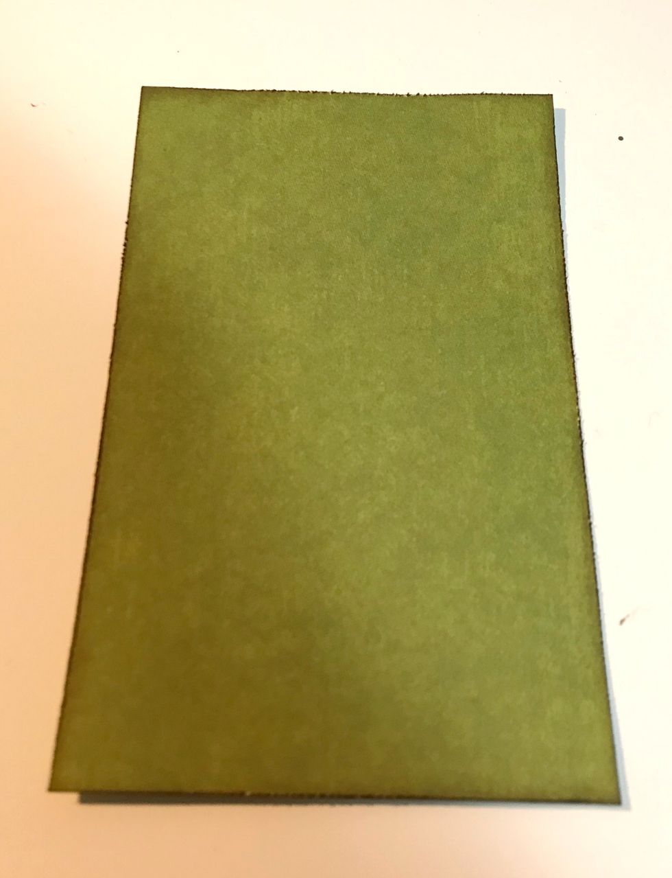 From the Patterns & Solids pad, cut a piece of green paper that measures 3 1/2" x 5 1/2". Distress the edges. Ink the edges of the paper using Dark Cashmere Ink.