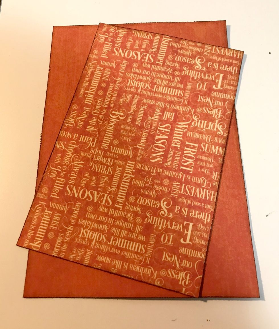 From the Patterns & Solids pad, cut the following pieces of red paper that measures 3 3/4" x 5 3/4" & 4 1/2" x 6 1/2". Distress the edges. Ink the edges of the papers using Dark Cashmere Ink.
