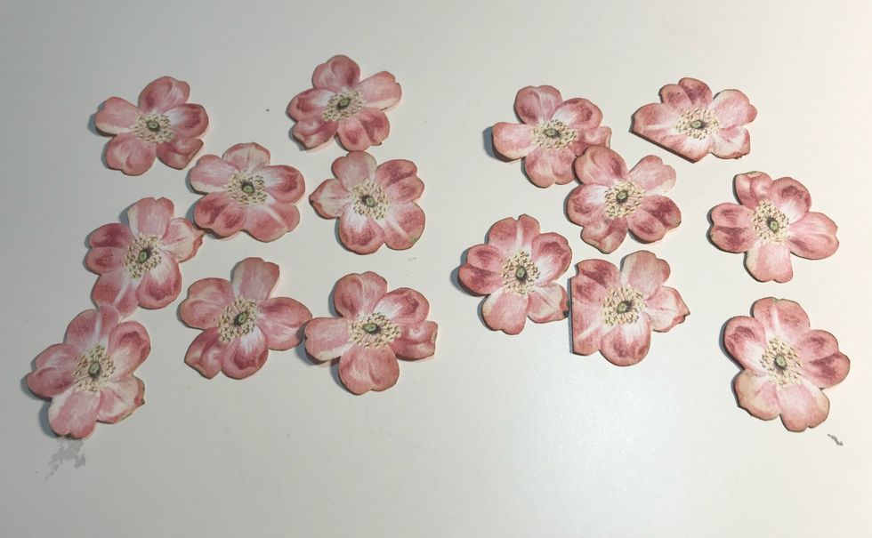 From the pink flowers paper, fussy cut 13 flowers. Ink the edges of the flowers using Vintage Photo Distress Ink.