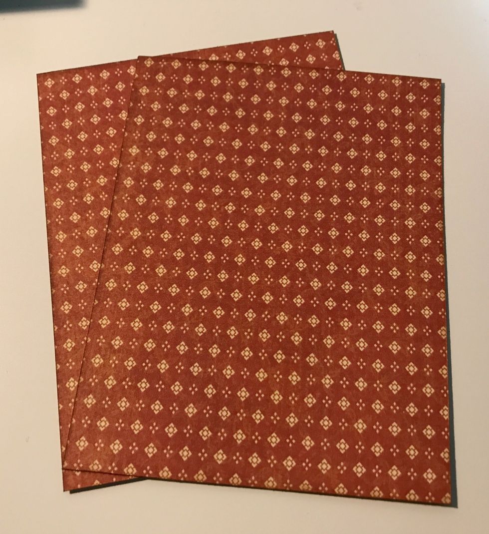 From the red diamond paper, cut the following pieces: 2 - 4 1/8" x 5 3/8", 4 1/4" x 5 1/2", 3/4" x 5 1/4". Ink edges of papers using Gathered Twigs Distress Ink.