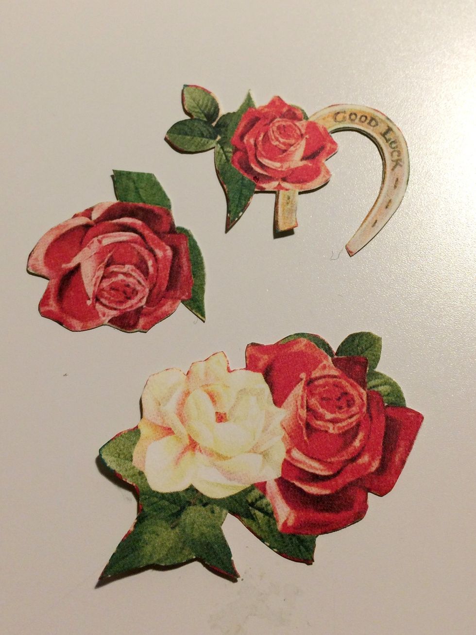 From the Run of the Roses paper cut out the white and red roses joined together. The single rose with two leaves and the rose attached to the horseshoe.