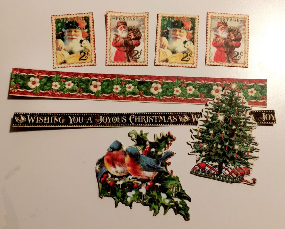 From the Season's Greeting Paper, cut out four stamps, the Christmas Tree and birds in the holly. Trim the flower border and the wishing you a joyous Christmas borders. Cut down the borders to 4 7/8".