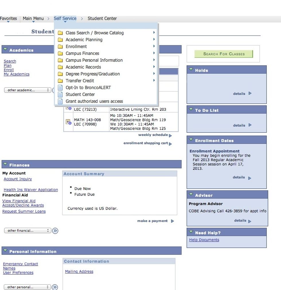 From the Self Service drop down menu, scroll down and click on "Opt-In to BroncoALERT."