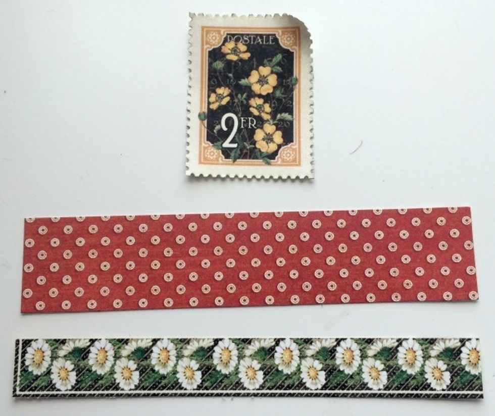 From the September Collective paper, cut apart a postage stamp and the daisy border make sure it measures 5" long. From the September Montage paper cut a piece of red and white dot paper 1" x 5".