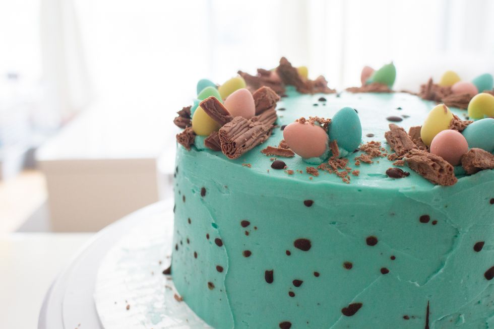 From the side: http://annezca.blogspot.ca/2015/04/speckling-chocolate-easter-egg-cake.html