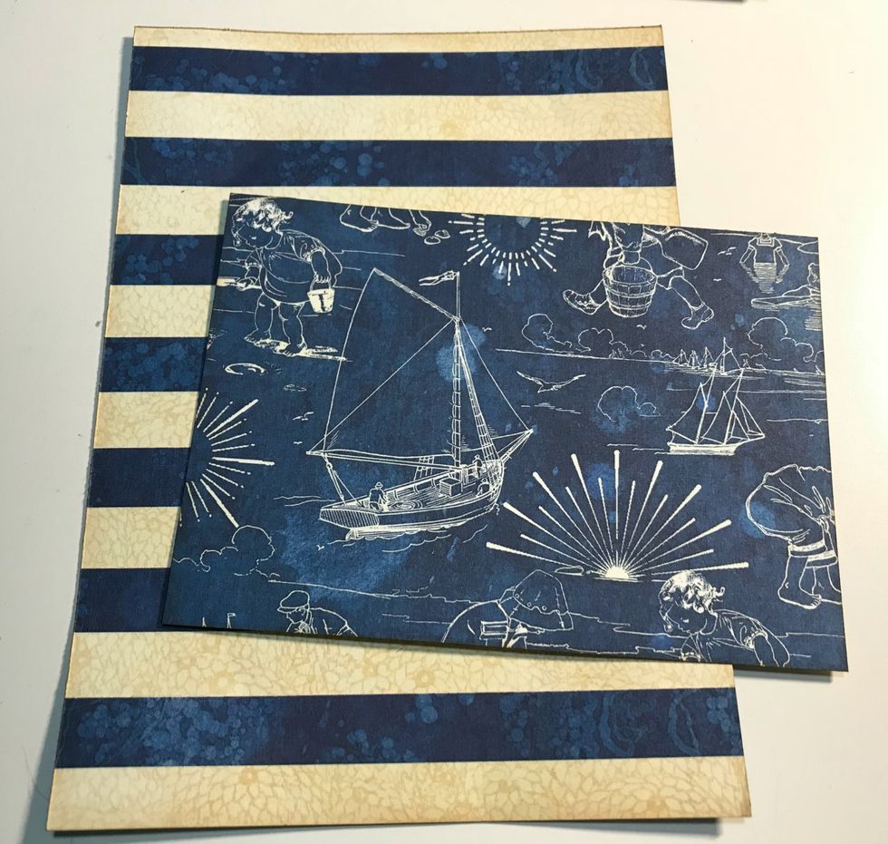 From the striped paper, cut the following pieces, piece #1 - 5" x7" and piece #2 - 3 3/4" x 5 1/4". Ink the edges of the papers using Vintage Photo Distress Ink & a blending tool with foam.