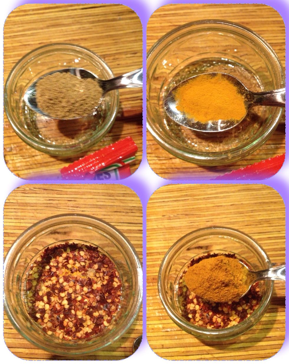 From the top left. 1 teaspoon of coriander powder, 1 teaspoon of Turmeric , 2 teaspoons of dried chili flakes , Teaspoons of curry powder Can add more curry powder and chili flakes to make it hotter
