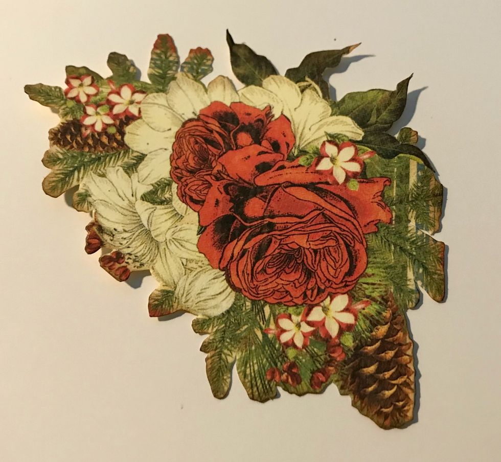 From the Winter Collective paper, fussy cut the flower/pine branches arrangement from the bottom left corner of the 4x6 Season's card. Ink the edges using Dark Cashmere Ink.