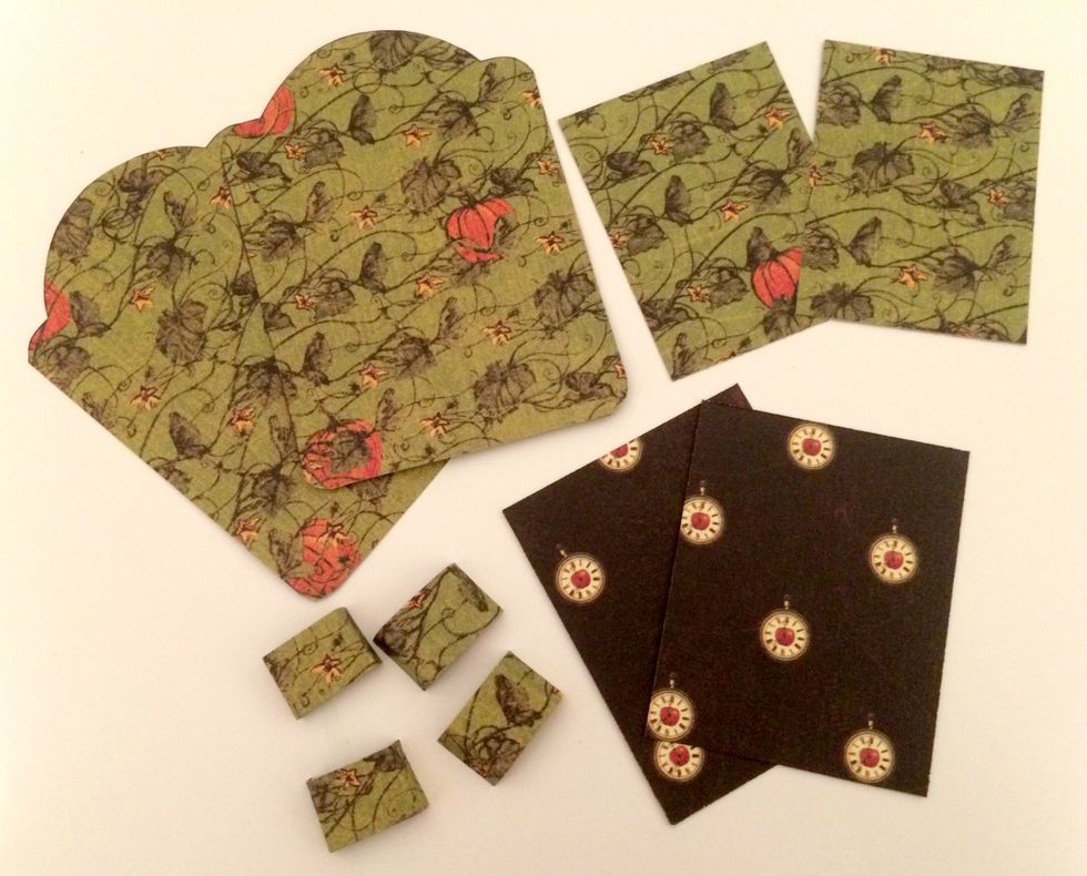 From the You're Late paper, trace two ATC tags on paper, cut out each tag. You need to cut 1 piece that measure 1 3/4" x 1 3/4", 1 piece that measures 2" x 2" & 2 pieces that measure 1/2" x 3/4".