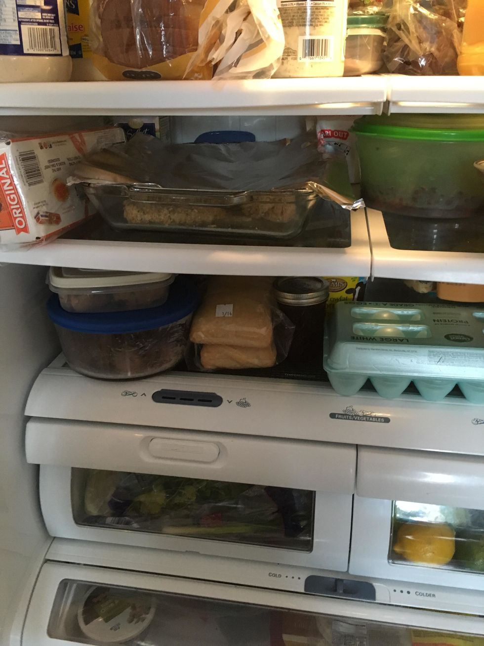 From there you can either bake the chicken right away at 350 degrees Fahrenheit for 45 minutes. Or in my case, I covered the top in tin foil and placed the meat in the refrigerator to be used later.