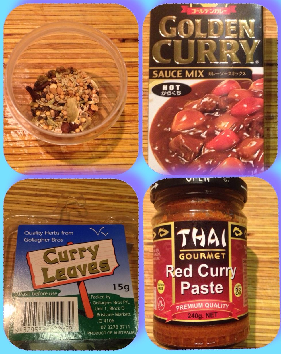 From top Left . Pickled spices, Golden curry sauce mix, Curry leaves, Red curry paste