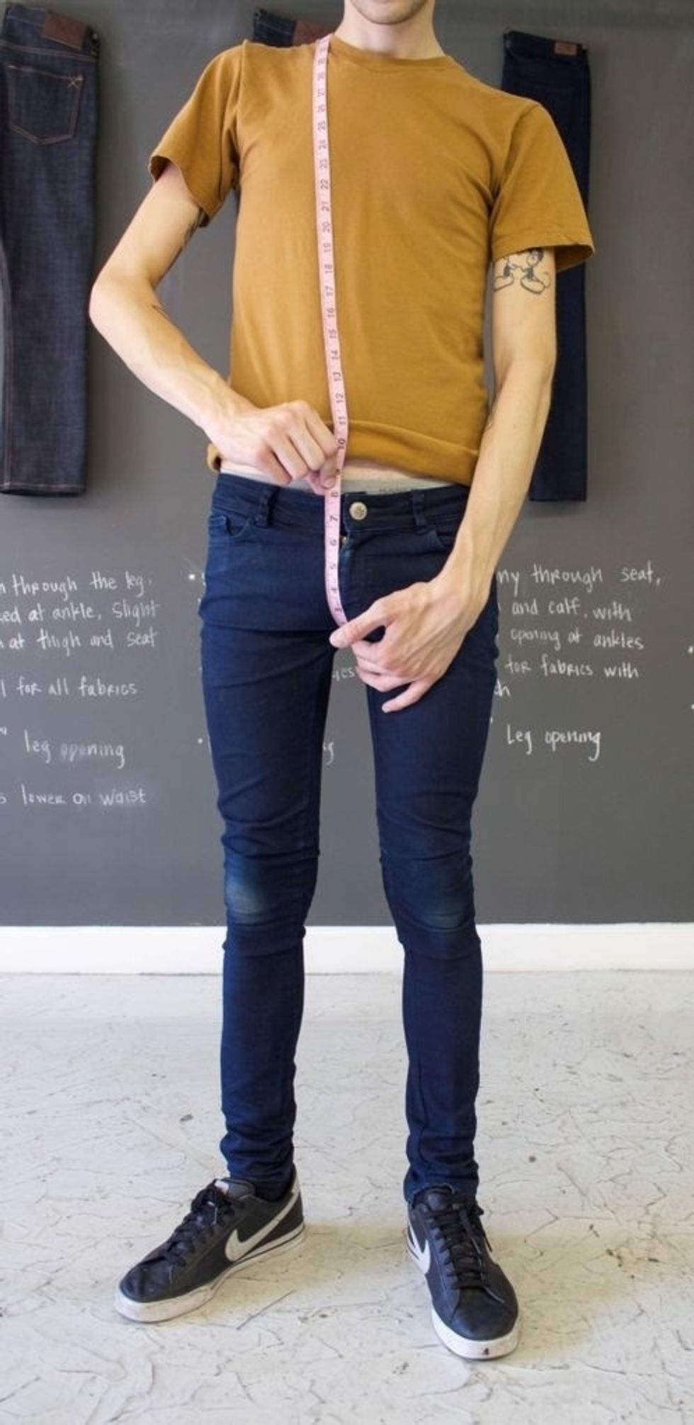 Front Rise - Pull your pants all the way up and place the tip of the measuring tape underneath crotch area. Pull measuring tape towards you and measure where your waistband would sit.