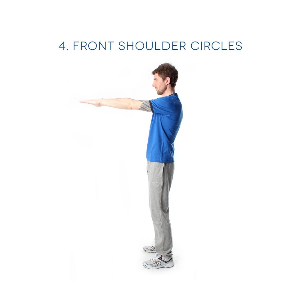 Front shoulder circles - Work the front side of your shoulder. Put arms out straight in front of you. Make small circles, rotating at the shoulder. Do 30 one way, then 30 the other way.