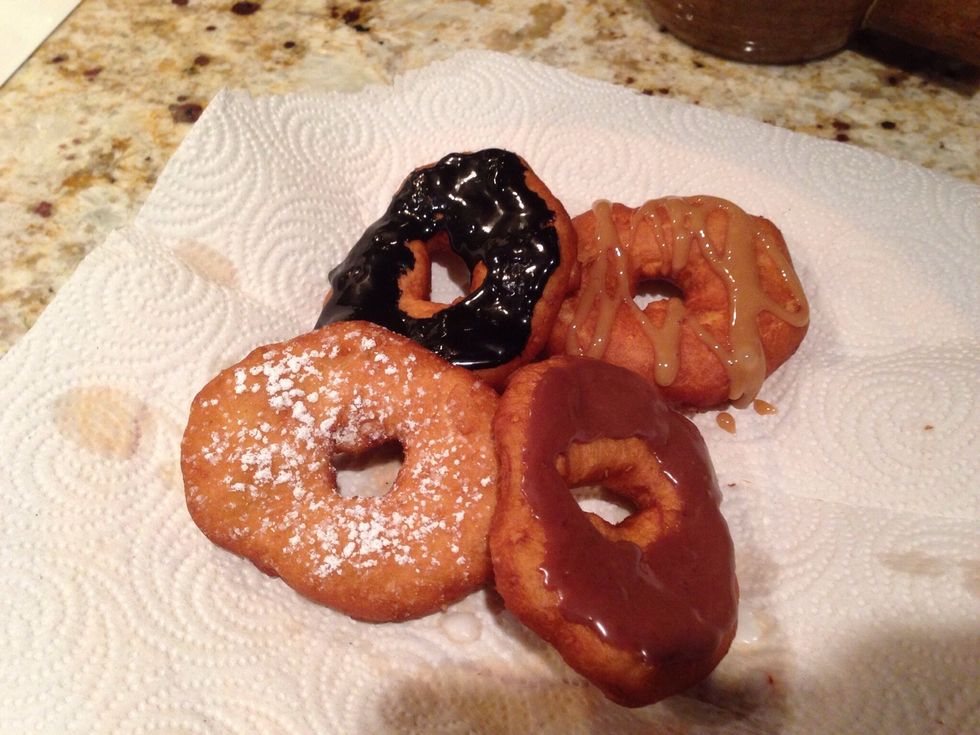 Frost any way you like! Ready-made cake frosting, caramel ice cream topping, powdered sugar, or dark cocoa powdered sugar frosting (next) are just a few delicious ideas.