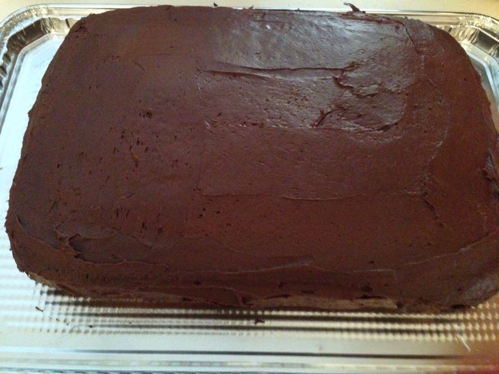 Frost it with chocolate frosting. Make sure there is a lot on the top (but make sure you smooth it out well) to hold the gravestones in place.