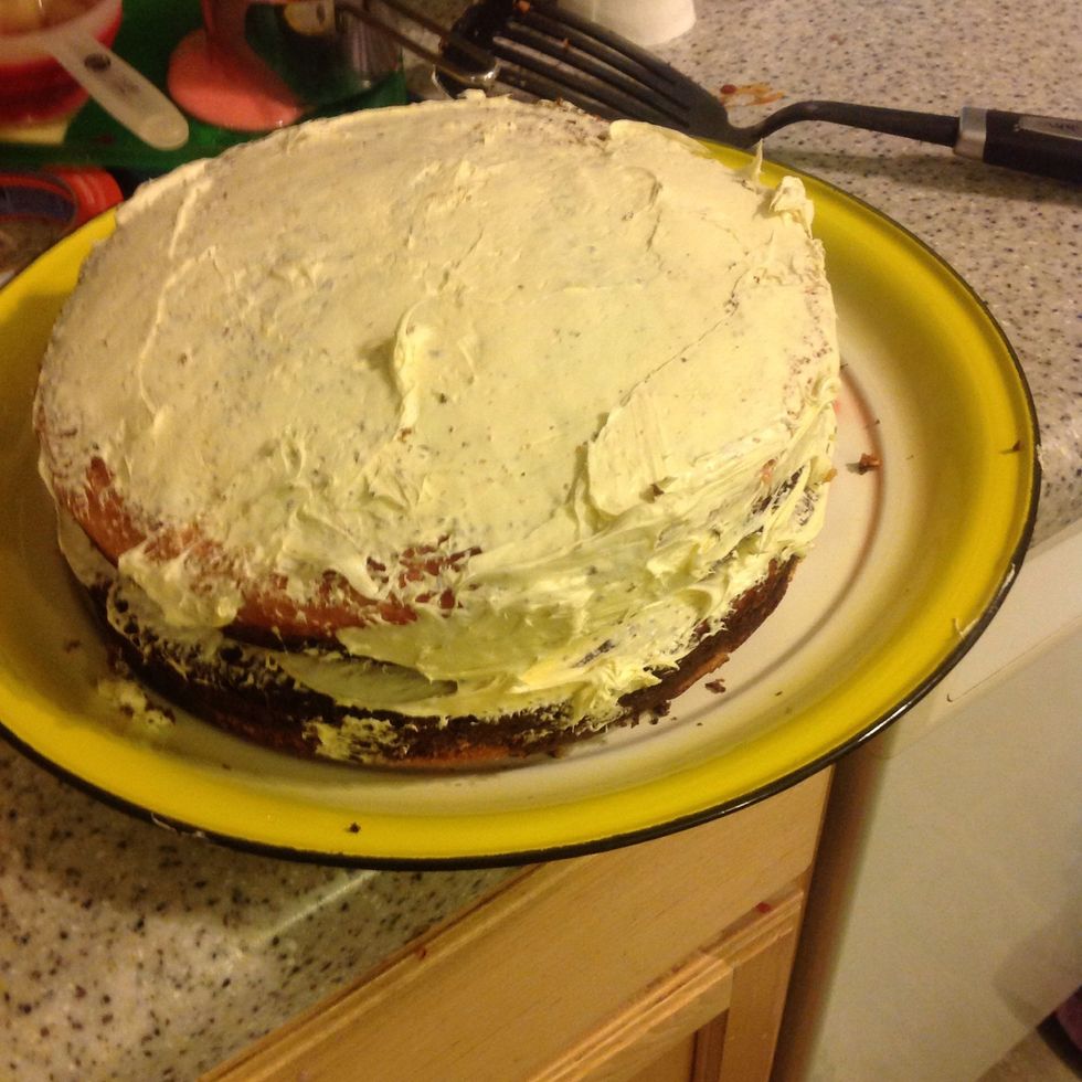 Frost the top of one cake, and put the other cake on top of it.