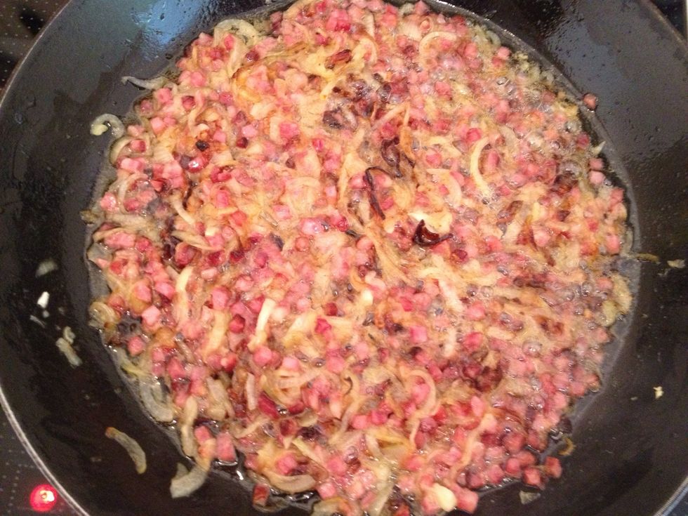 Fry Bacon & onions with a little butter in a heavy cast iron pan until nice and brown