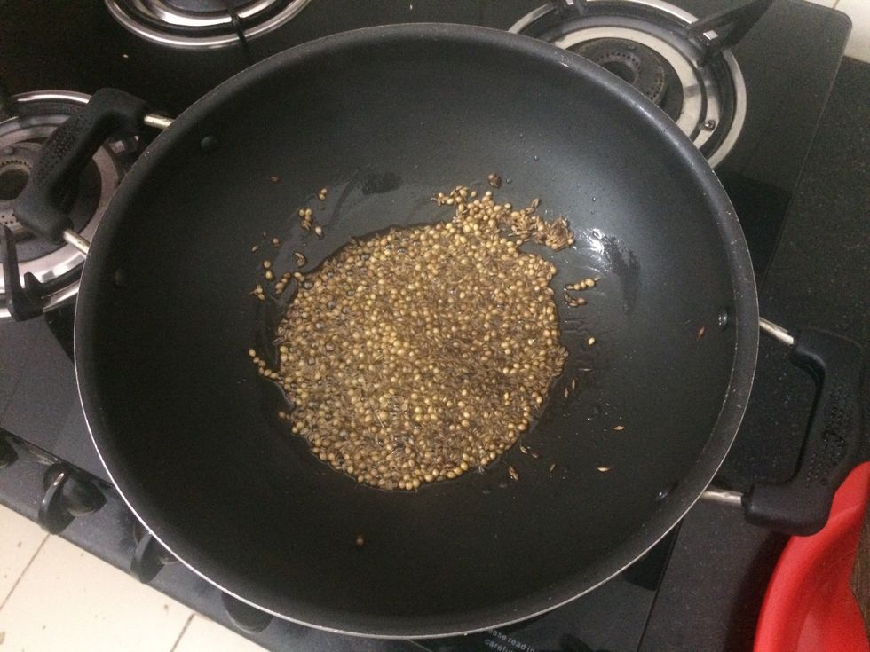 Fry coriander and fennel seeds for about 2 mins and grind