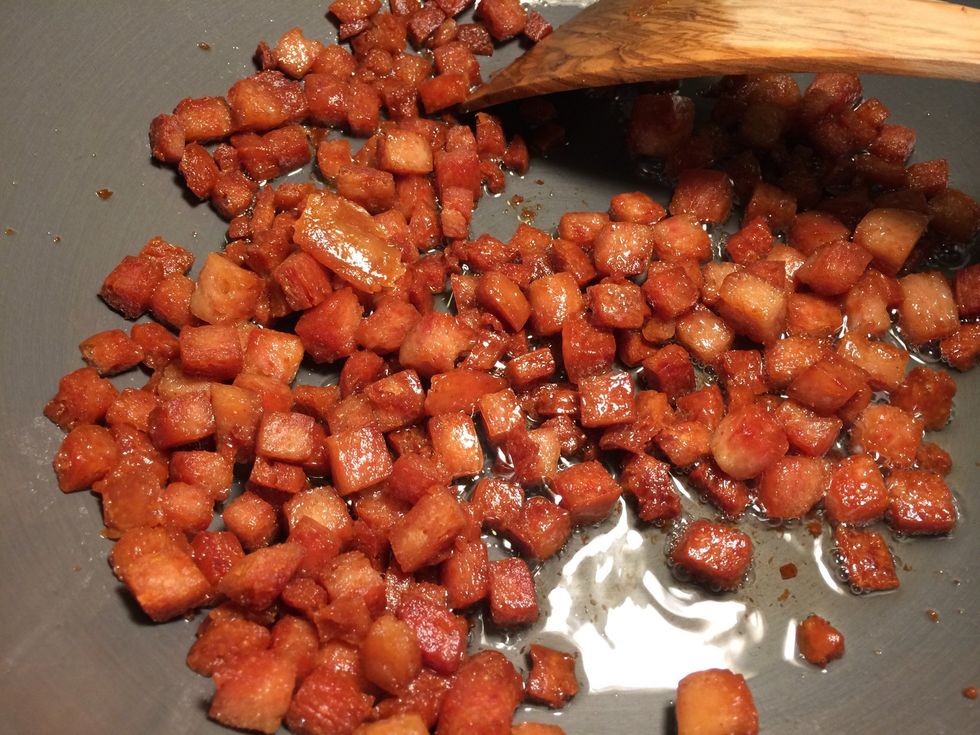 Fry cubed luncheon meat until crisp. No need to add oil as luncheon meat is very oily.