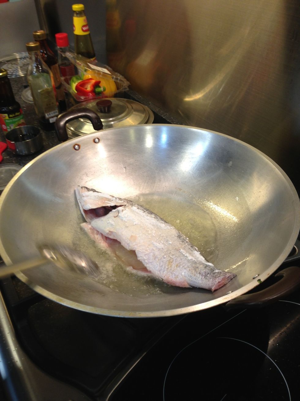 Fry each side of sea bass for 10-12 mins (depends on fish size)