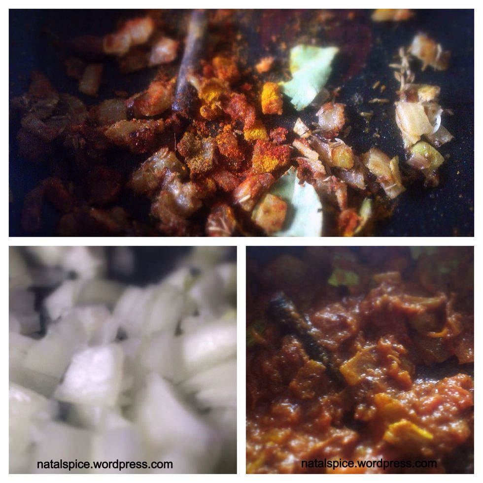 Fry onions,on high heat in oil,till it browns.Add ginger and garlic,fry,remover from heat. Add spices,salt,fry. Add tomatoes,wait till changes to darker red,use the back of spoon to crush tomatoes.\ud83d\udd62