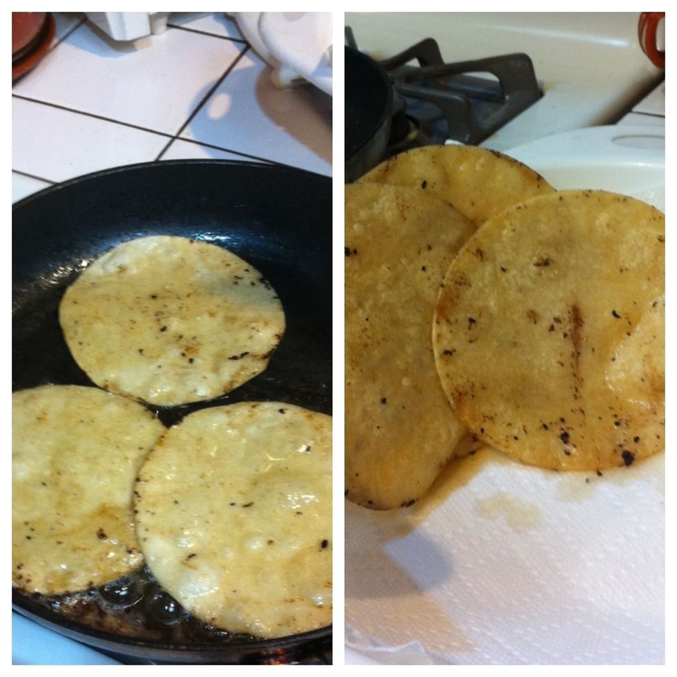 Fry some tortillas in the bacon fat and drain them for a bit.