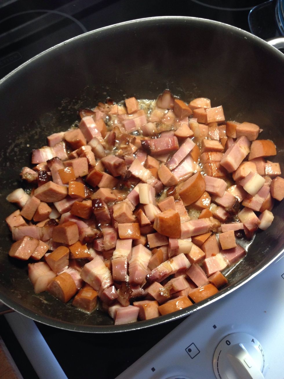 Fry the bacon and sausage