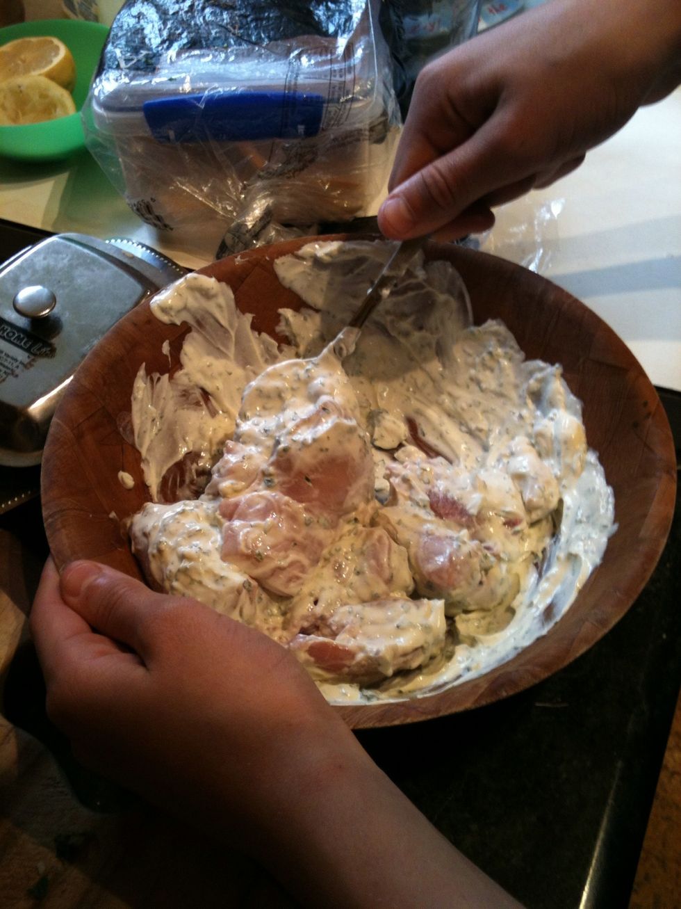 Fry the chicken, marinade still clinging. Turn over