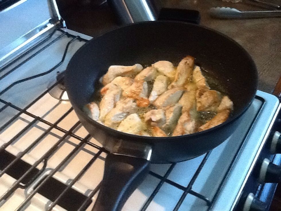 Fry the chicken strips, add salt and pepper and cooking oil. fry chicken till golden brown