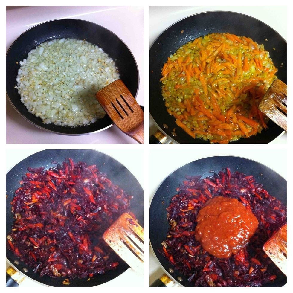 Fry the onions, carrots, beets and , add tomato paste ,and spices