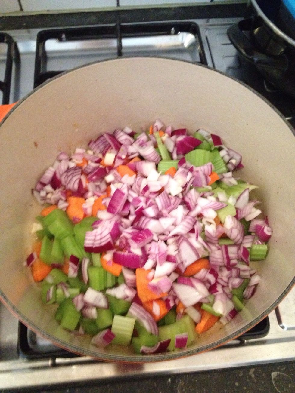 Fry the onions, garlic, celery and carrot in same oil/butter as chicken. For 4-5min on high heat