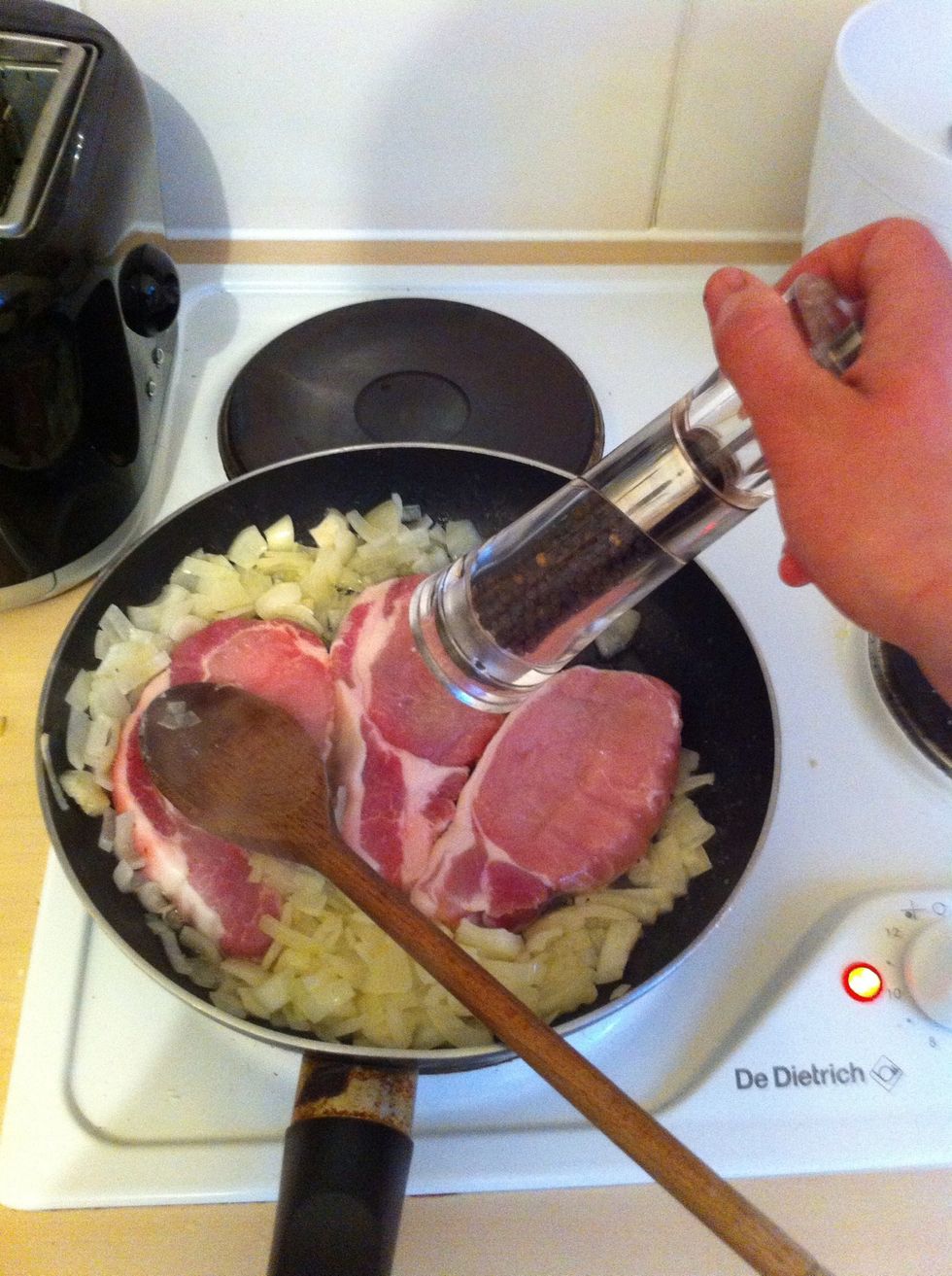 Fry the onions in the pan until golden, then sear both sides of your chops, add a little more pepper to taste. I like pepper.