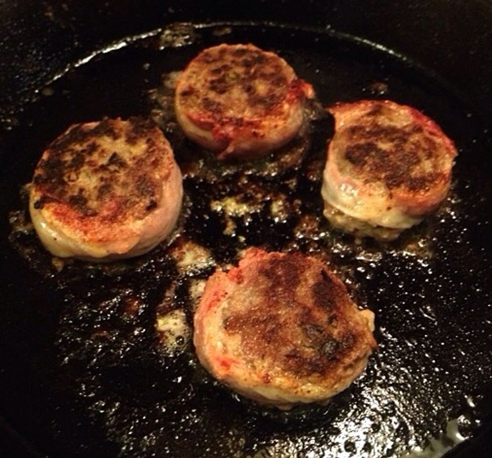 Fry the patties in butter in a skillet. We only browned them on the stove, then we put them in the oven until ready.