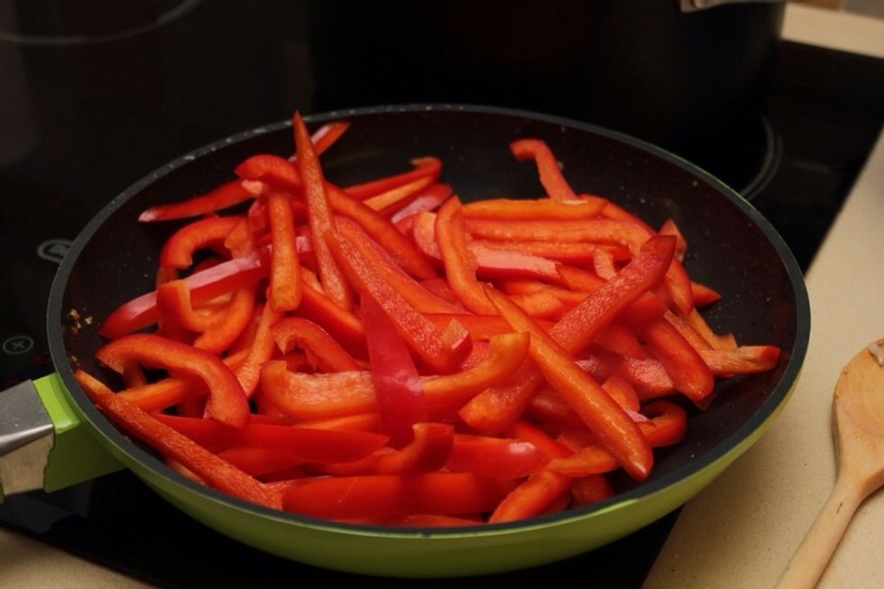 Fry the peppers in an empty pan...