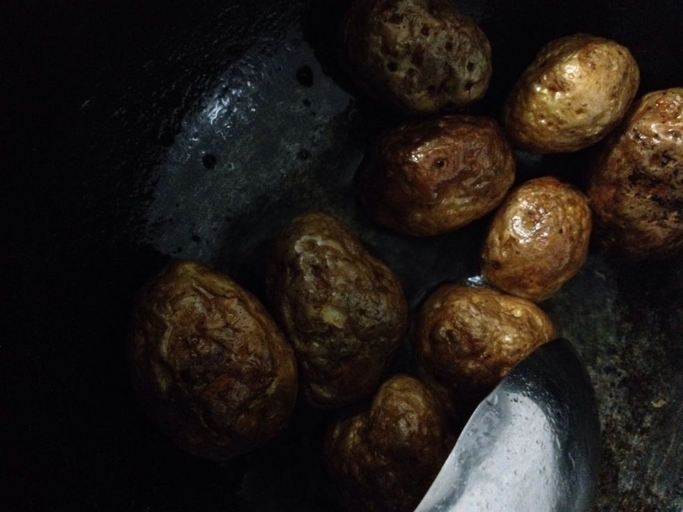 Fry them till its cooked and skin crisped up. You can use peeled potatoes too. I like it with skin on and less work too \ud83d\ude0b