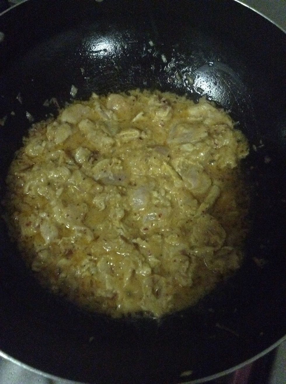 Fry till the chicken is tender and turned white