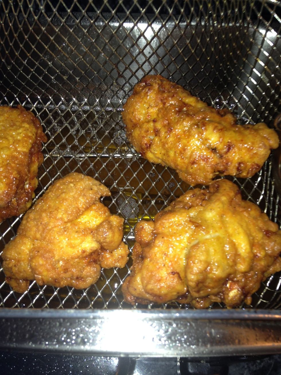 Fry until golden brown and crunchy. Just remember dark meat takes longer to cook than white meat\ud83d\udc4c\ud83d\ude0a